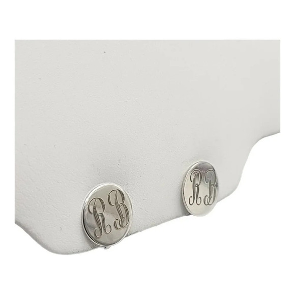 Sterling Silver .925 Round Engraved RB Initialed Screwback Earrings Vintage - Picture 1 of 4